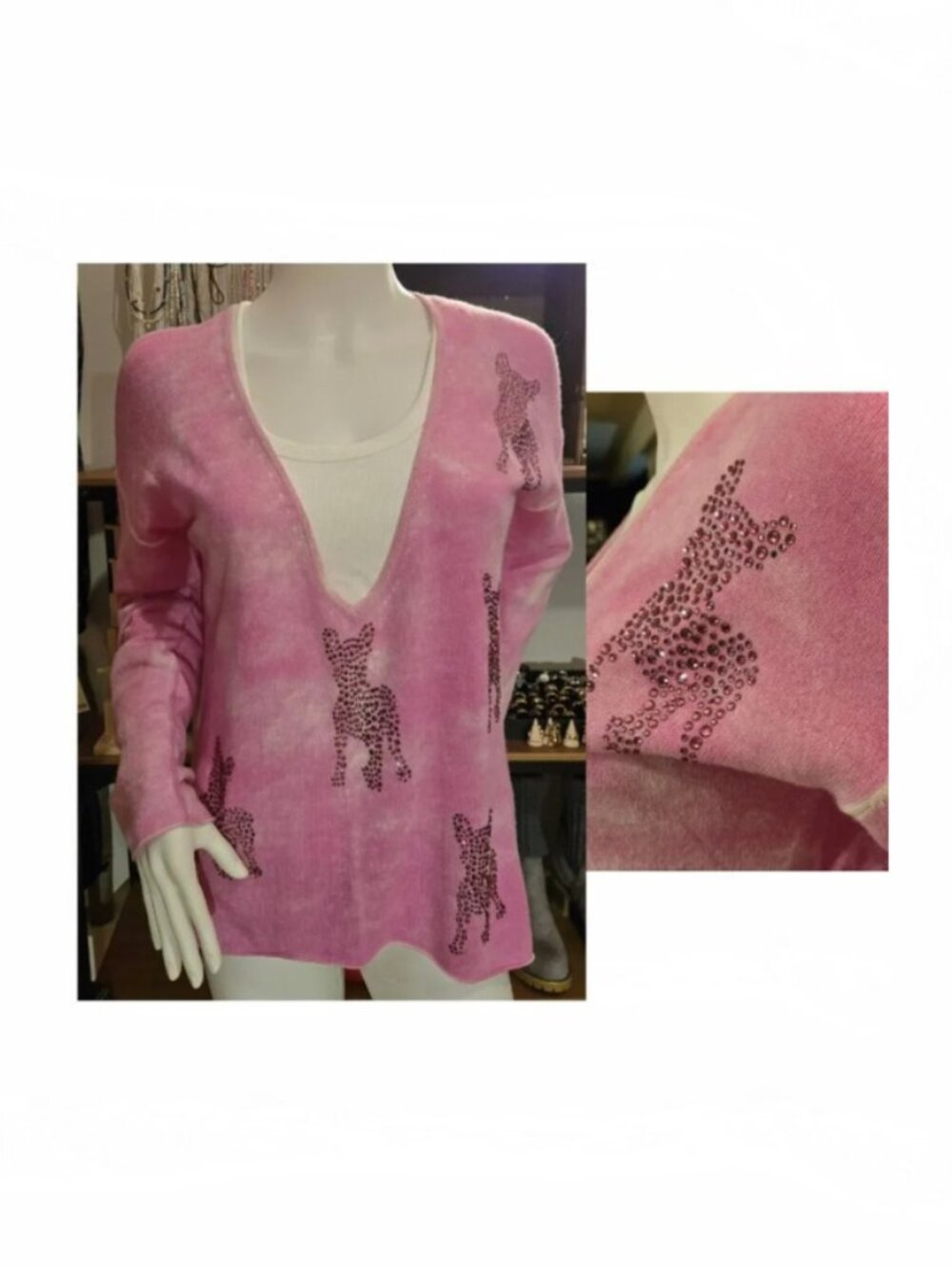 NWOT PINK CASHMERE Rhinestone DEEP V-NECK SWEATER LARGE 38
